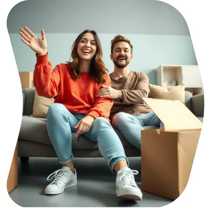 Two guys sitting on the floor of their apartment with Muval moving boxes